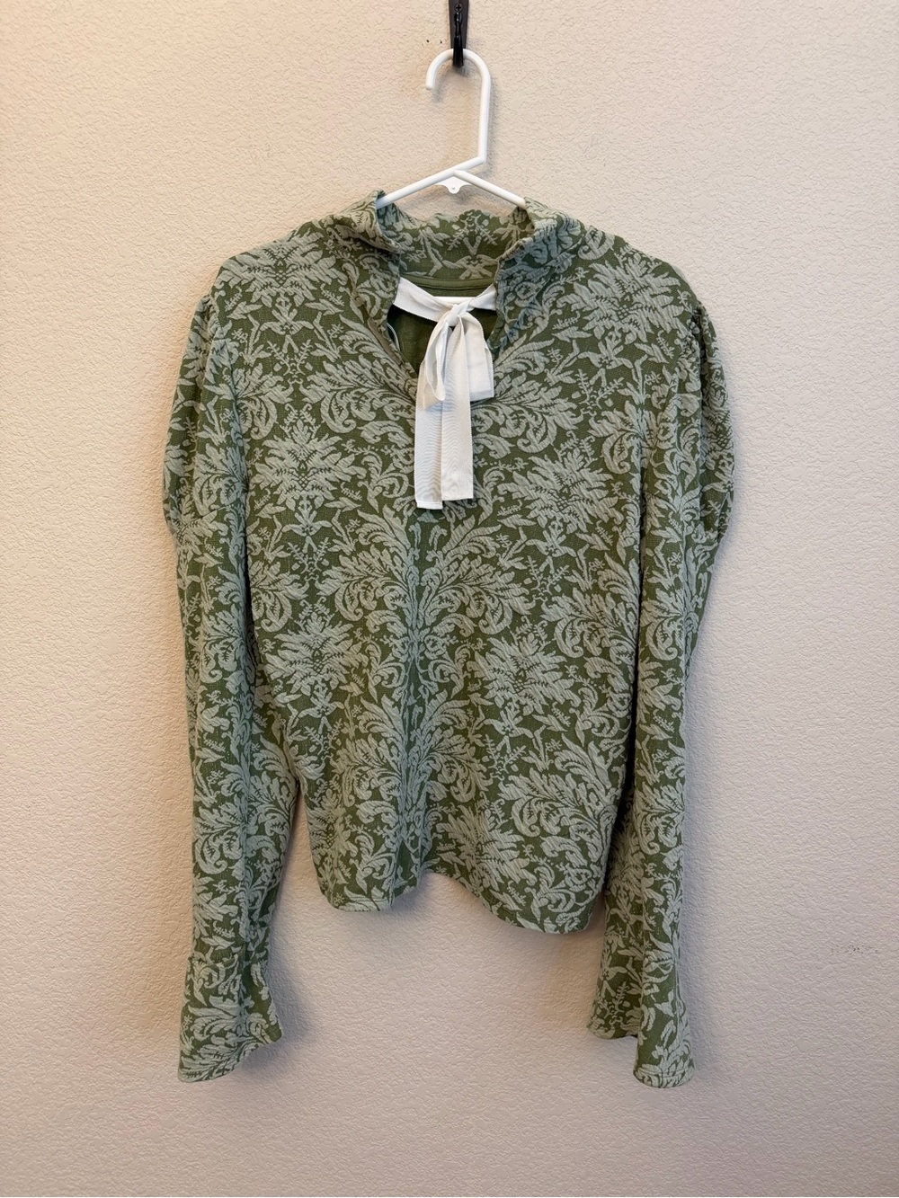 Anthropologie Olive Green Jacquard Puff-Sleeve Turtleneck Top Sz XL - Picture 7 of 11